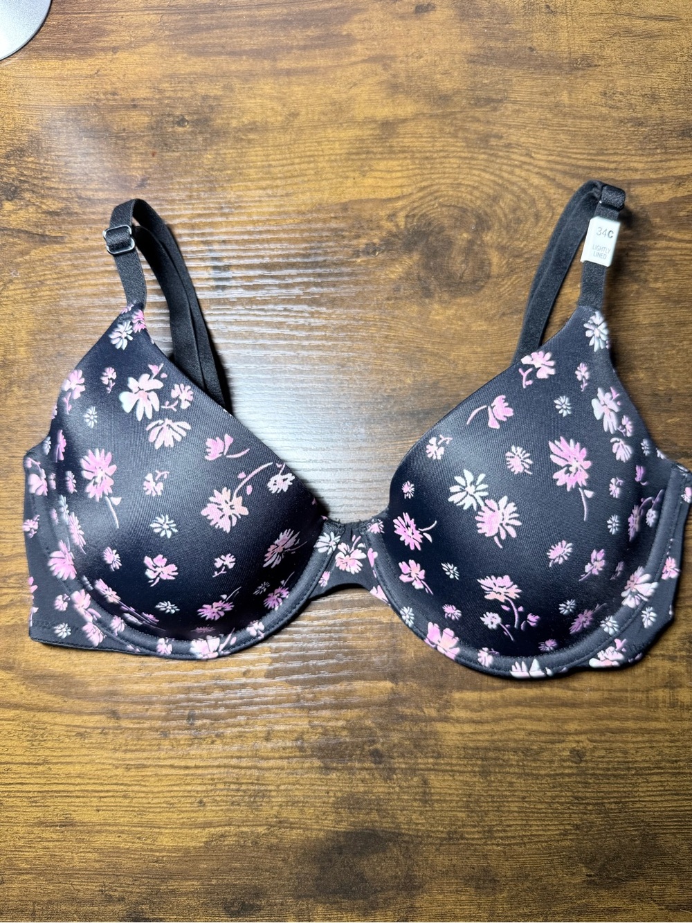 Victoria’s Secret Black Floral Underwire Wear Everywhere T-Shirt Bra 34C
